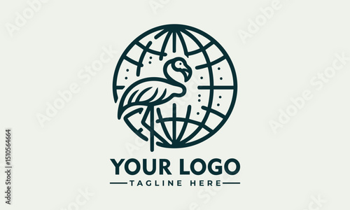 Stylized flamingo bird placed in front of outlined Earth globe representing environmental awareness. Wildlife concept
