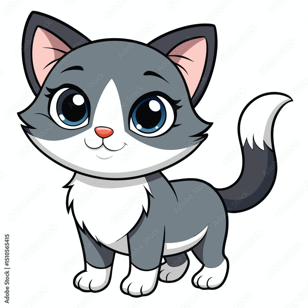 Cute gray and white cartoon kitten with big eyes, smiling illustration Cute gray and white cartoon kitten with big eyes, smiling illustration