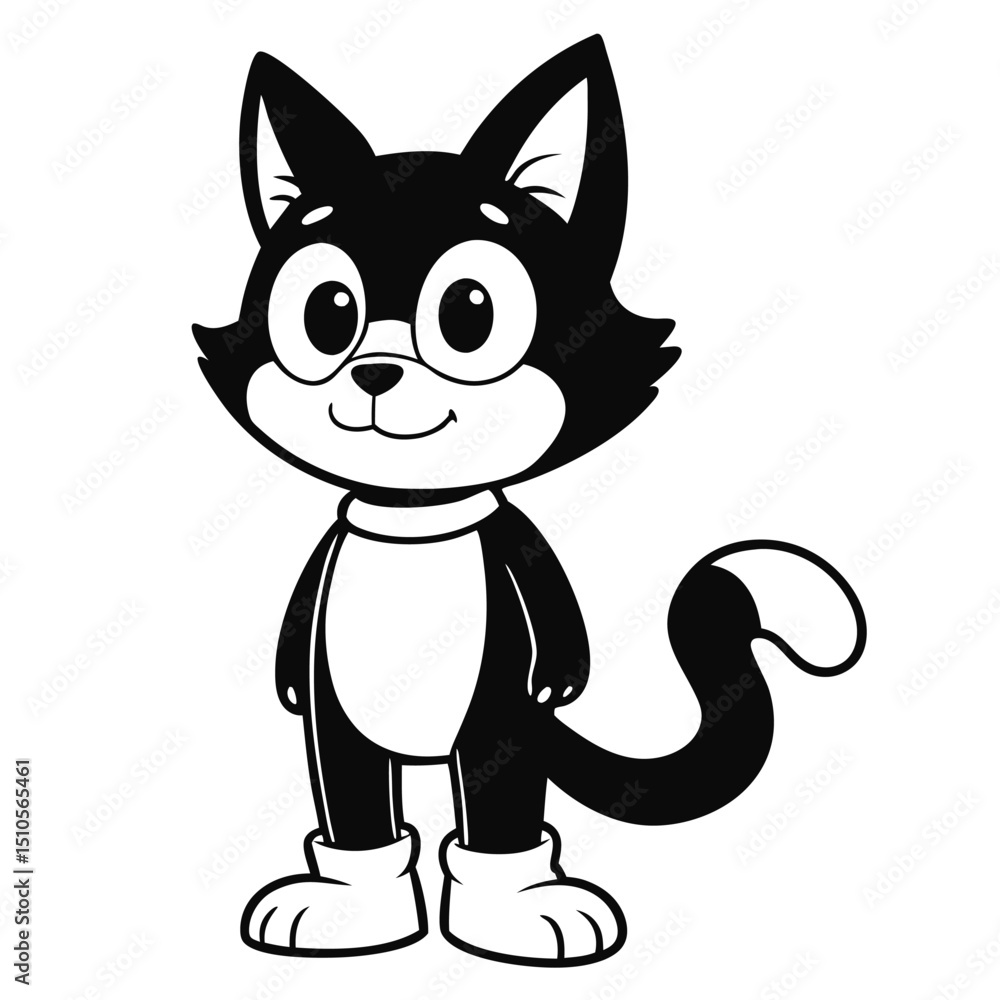 Fototapeta premium Cartoon black and white kitten with boots, smiling playful illustration
