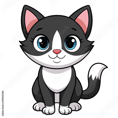 Cute cartoon black and white kitten with big eyes, playful illustration