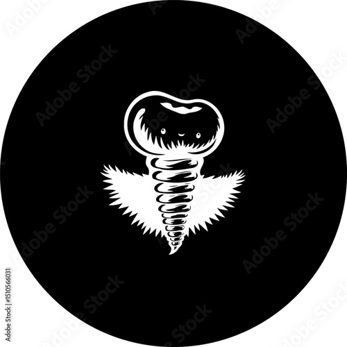 Whimsical screw character with feathery wings in stark black and white design
