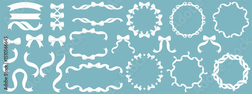 リボンのフレームと装飾セット　ホワイト