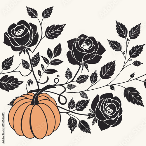 Seamless halloween floral pattern with black roses and orange accents