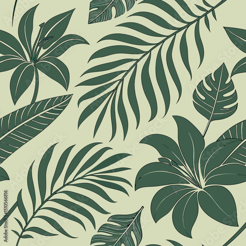Seamless jungle camouflage floral pattern in deep green tones