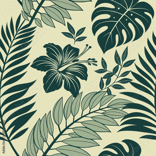 Seamless jungle camouflage floral pattern in deep green tones