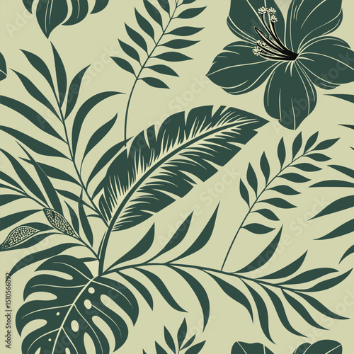Seamless jungle camouflage pattern with deep green floral elements