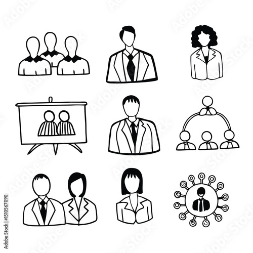 Business Team and Collaboration Icons – Corporate Structure, Leadership, and Networking