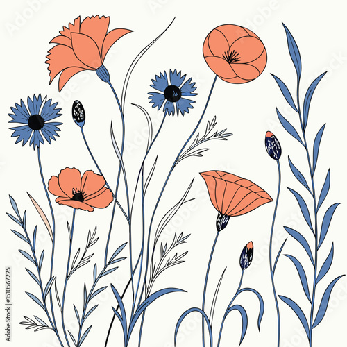 Seamless meadow flower pattern with wild poppies and other blooms