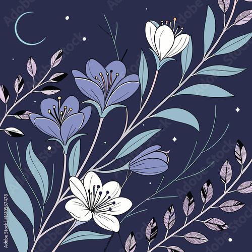 Seamless midnight bloom floral pattern dark blue and green flowers