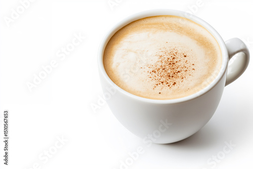 Cup of cappuccino with frothy milk foam and a dusting of cinnamon sits in a white mug on a clean white background