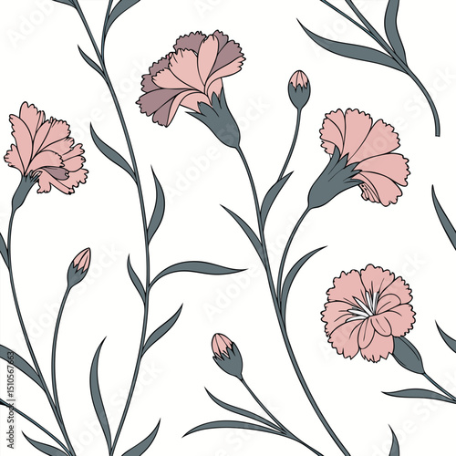 Seamless pattern of vibrant carnation blooms and curled petals