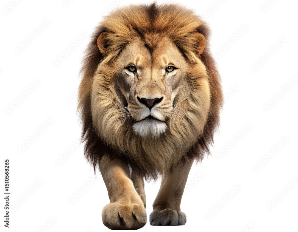 Fototapeta premium Majestic Lion Walking Towards the Viewer in a Natural Setting on transparent background