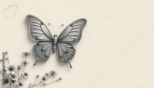 Monochromatic Butterfly and Floral Arrangement Against a Neutral Background