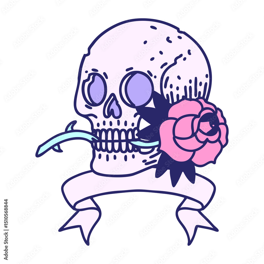 traditional tattoo with banner of a skull and rose traditional tattoo with banner of a skull and rose