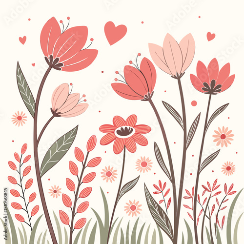 Seamless romantic garden floral pattern with hidden hearts