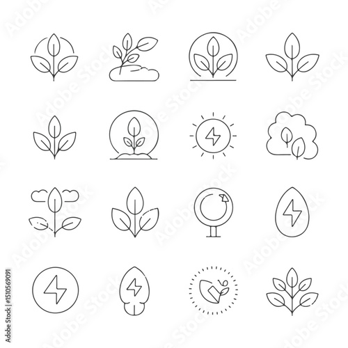 Collection of minimal line icons showcasing nature, green energy, and sustainable technology on a white background