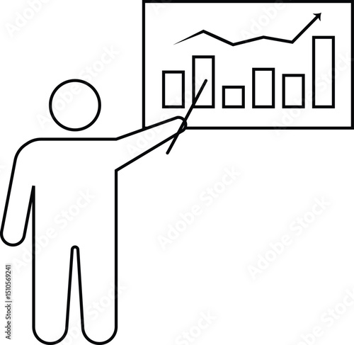 A stick figure using a pointer to present a bar graph showing a fluctuating but overall upward trending line. This illustration signifies business analysis, financial reporting, data visualization