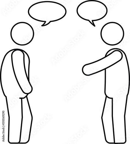 Two stick figures standing and facing each other with blank speech bubbles above their heads line art. This illustration symbolizes conversation, communication, dialogue, discussion