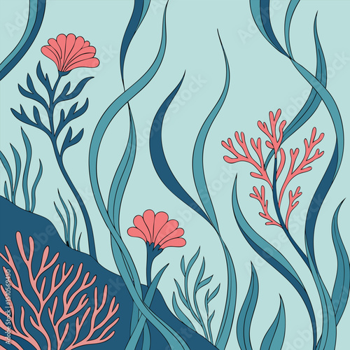Seamless undersea floral pattern with coral flowers and aquatic plants