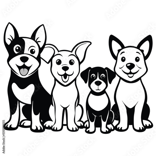 Four Cute Cartoon Puppies Sitting Together - Playful Dog Illustration