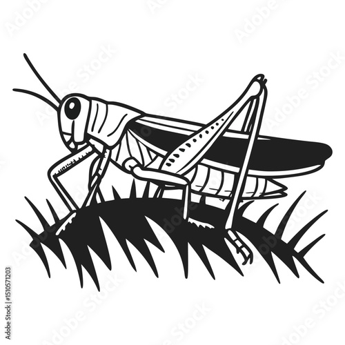 Grasshopper on Grass, Black and White Insect Illustration