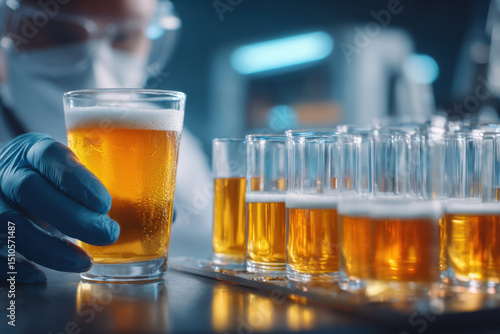 An assistant wearing gloves examines a glass of beer while surrounded by multiple sample glasses in a production facility dedicated to quality control