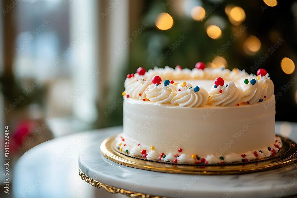 Close-up of festive birthday cake with colorful sprinkles and swirls of white frosting Close-up of festive birthday cake with colorful sprinkles and swirls of white frosting