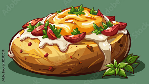 A loaded baked potato topped with melted cheese, crispy bacon, and drizzled with sour cream and herbs.