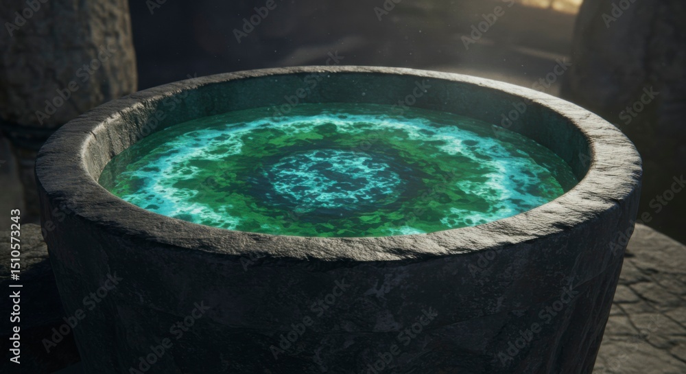Fototapeta premium Mystical, glowing liquid pool in a dark stone bowl