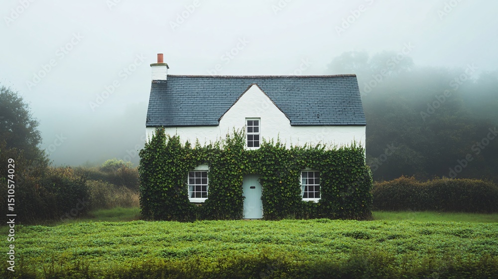 Obraz premium Enchanted White Cottage Surrounded by Dense Vegetation in Misty Landscape