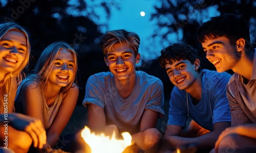 Friends gather around a warm campfire under the moonlight in the serene outdoors