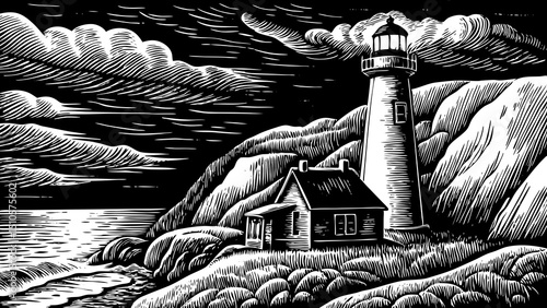 Lighthouse sketch on seashore with house black and white hand drawn outline vector