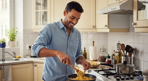 Smiling Man Cooking Delicious Pasta in Cozy Kitchen