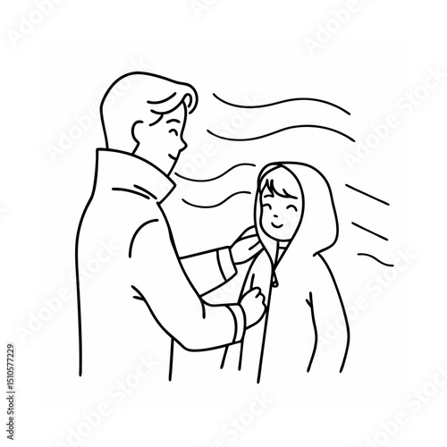 Father lovingly zips up his childs hooded jacket line art