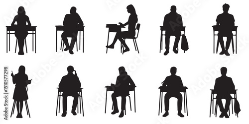 student in classroom silhouettes Students Sitting at Desks Classroom Silhouettes, Students Sitting at Desks in Various Poses, 