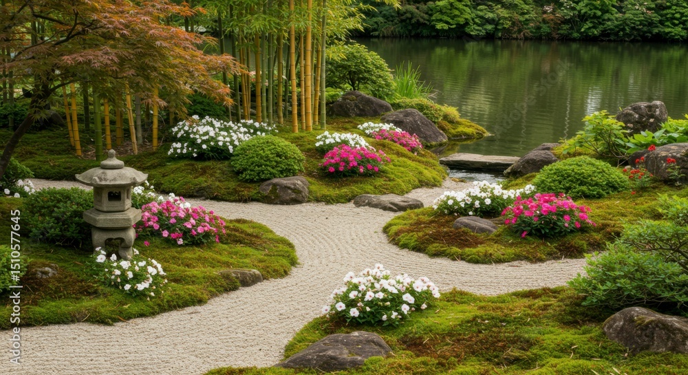 Fototapeta premium Serene Japanese garden with winding paths, moss, flowering plants, rocks, a pond, and bamboo