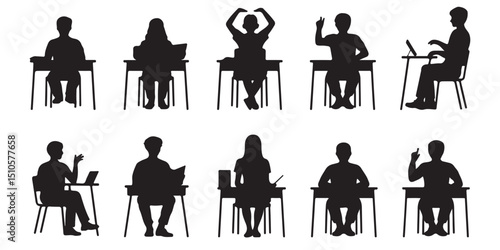 student in classroom silhouettes Students Sitting at Desks Classroom Silhouettes, Students Sitting at Desks in Various Poses, 