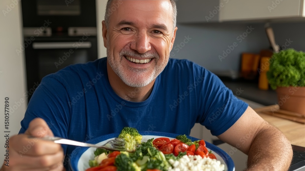 Joyful Man Enjoys Healthy Salad: A Vibrant Portrait of Wellness, Nutrition, and Delicious Cuisine with Broccoli, Tomatoes, and Fresh Ingredients Joyful Man Enjoys Healthy Salad: A Vibrant Portrait of Wellness, Nutrition, and Delicious Cuisine with Broccoli, Tomatoes, and Fresh Ingredients