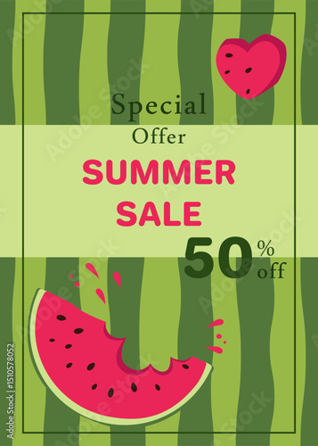 Flyer with triangular piece of watermelon on watermelon rind background. Template design for flyer, banner, poster, poster, advertisement for grocery store, marketplace, online store, website.