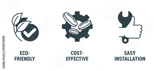 Icons set - Eco-friendly, Cost-effective, Easy installation. in monochrome style