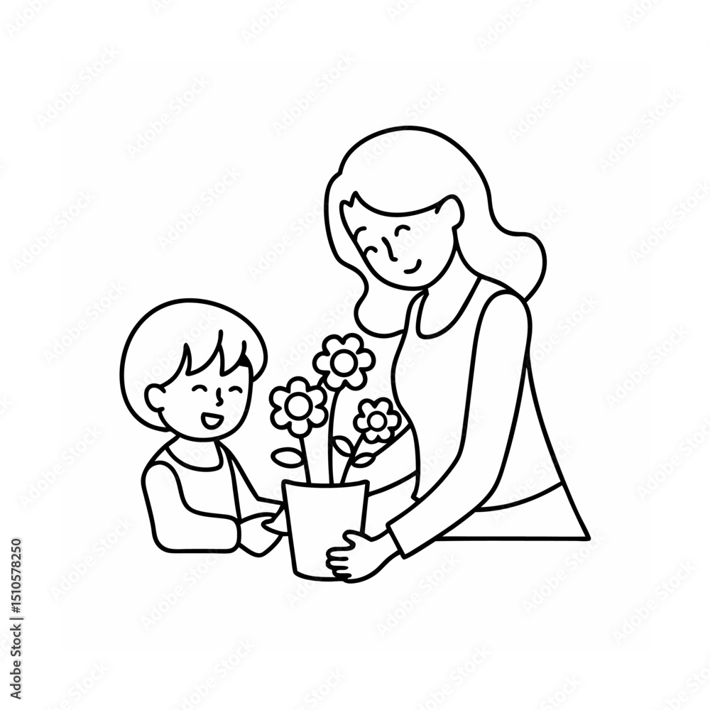 Mom and child sharing potted flowers line art illustration Mom and child sharing potted flowers line art illustration