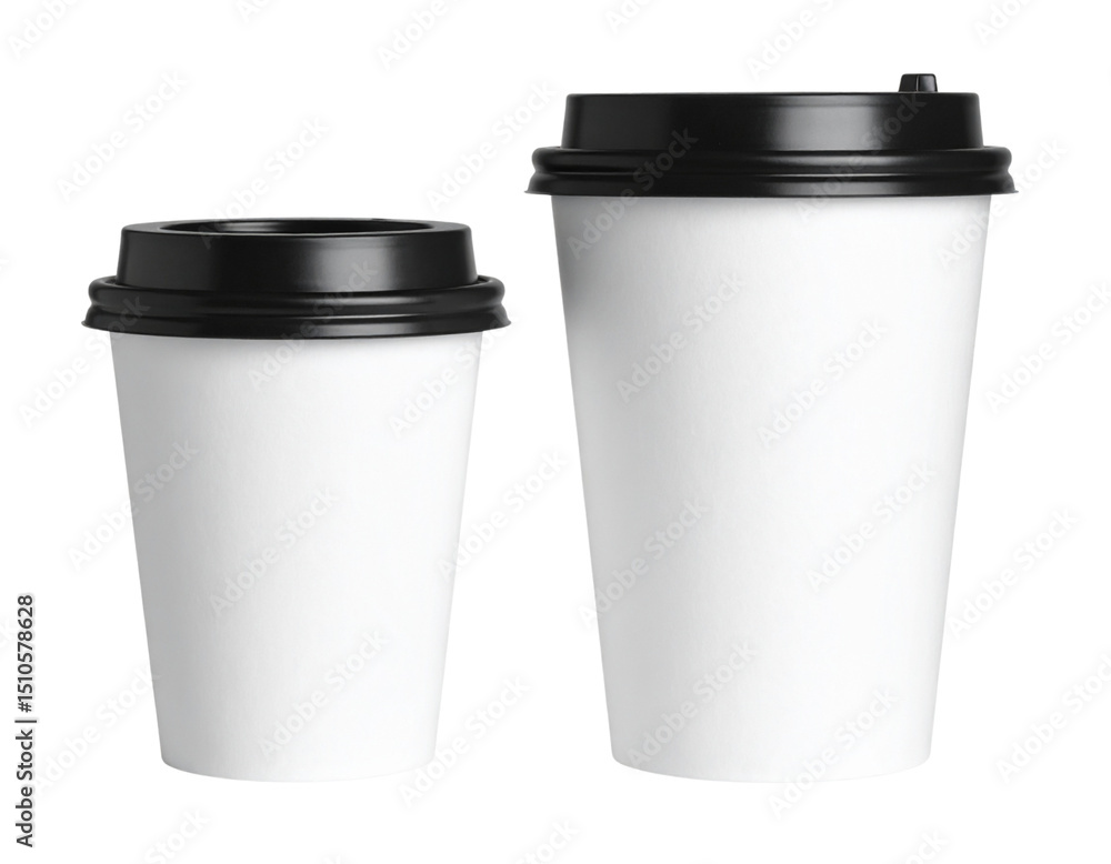 Set of Two Takeaway Beverage Cups with Lids in Realistic 3D Style, Isolated on Transparent PNG Set of Two Takeaway Beverage Cups with Lids in Realistic 3D Style, Isolated on Transparent PNG