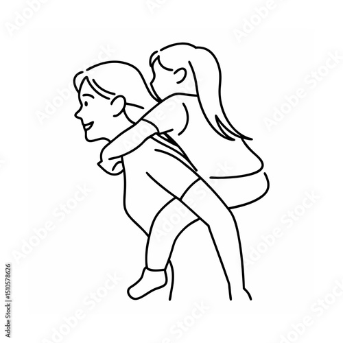 Mom giving daughter piggyback ride line art illustration
