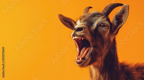 Expressive screaming goat with mouth wide open captured against a vibrant amber studio background