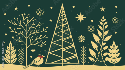 christmas card with birds and tree
