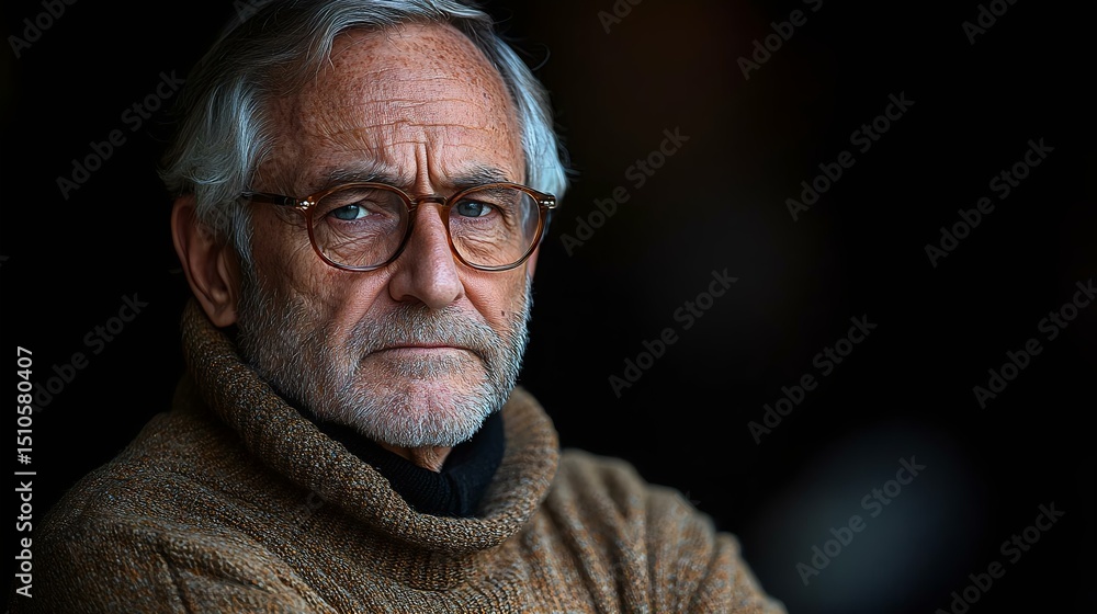 Obraz premium Serious elderly man with glasses wearing a cozy sweater, expressing deep thought in a moody, shadowy background.