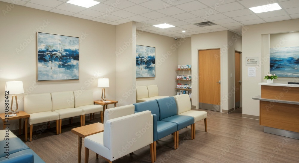 Fototapeta premium Serene waiting area with light wood floors, comfortable seating, and calming artwork