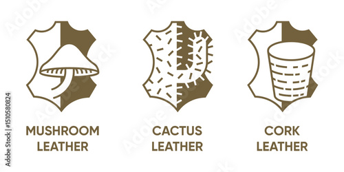 Plant based leather icons set - Cork, Mushrooms and Cactus leather, in monochrome style