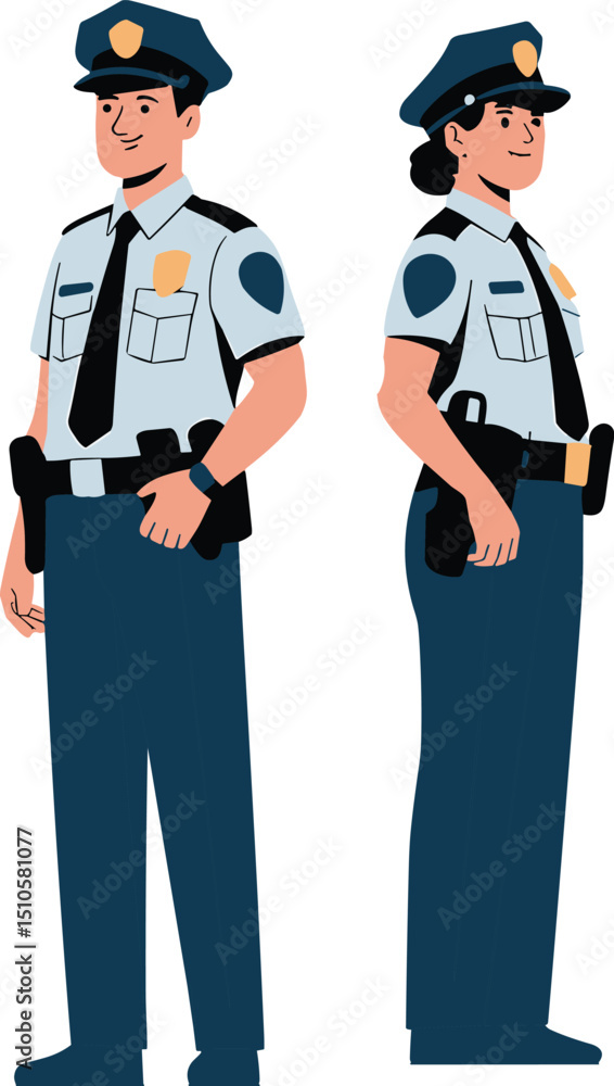 Illustration of male and female police officers standing side by side in uniform, law enforcement teamwork and public safety concept Illustration of male and female police officers standing side by side in uniform, law enforcement teamwork and public safety concept