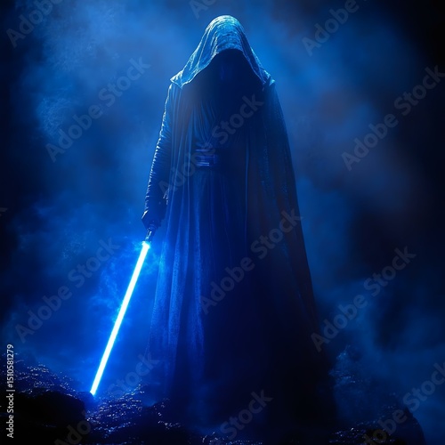 A mysterious figure in a dark cloak holding a glowing blue lightsaber in a foggy, atmospheric setting, evoking science fiction themes.